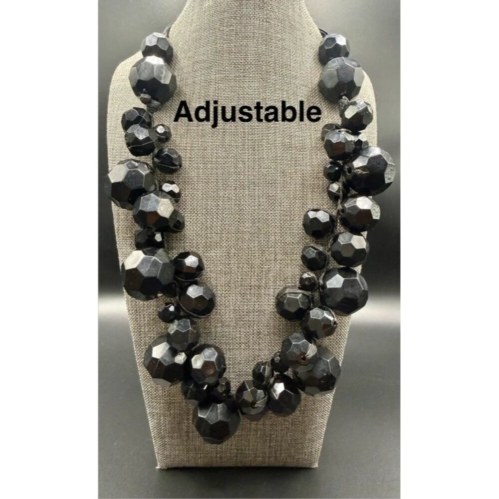 118. Dramatic Multi-Stone Black Geometric Bead Bib Necklace